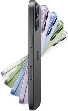 iPhone 17, ภายนอกด้านข้าง, 5 สี: ดำ ลาเวนเดอร์ ฟ้าหมอก เขียวเสจ และขาว
