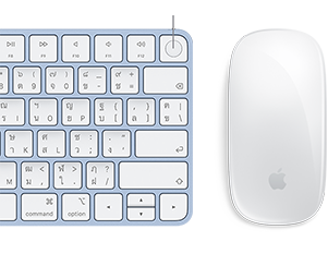 Close-up of color-matching Magic Keyboard and Magic Mouse, with Touch ID fingerprint in focus