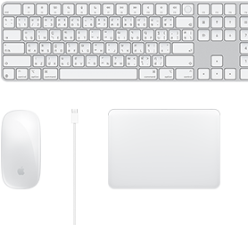 มุมมองด้านบนของอุปกรณ์เสริม Magic Mouse, สาย USB-C, Magic Trackpad และ Magic Keyboard พร้อมปุ่มตัวเลข