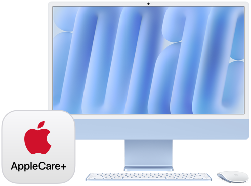 ป้าย AppleCare+, iMac ที่หันหน้าออกพร้อมอุปกรณ์เสริม Magic Keyboard และ Magic Mouse ที่เข้ากัน