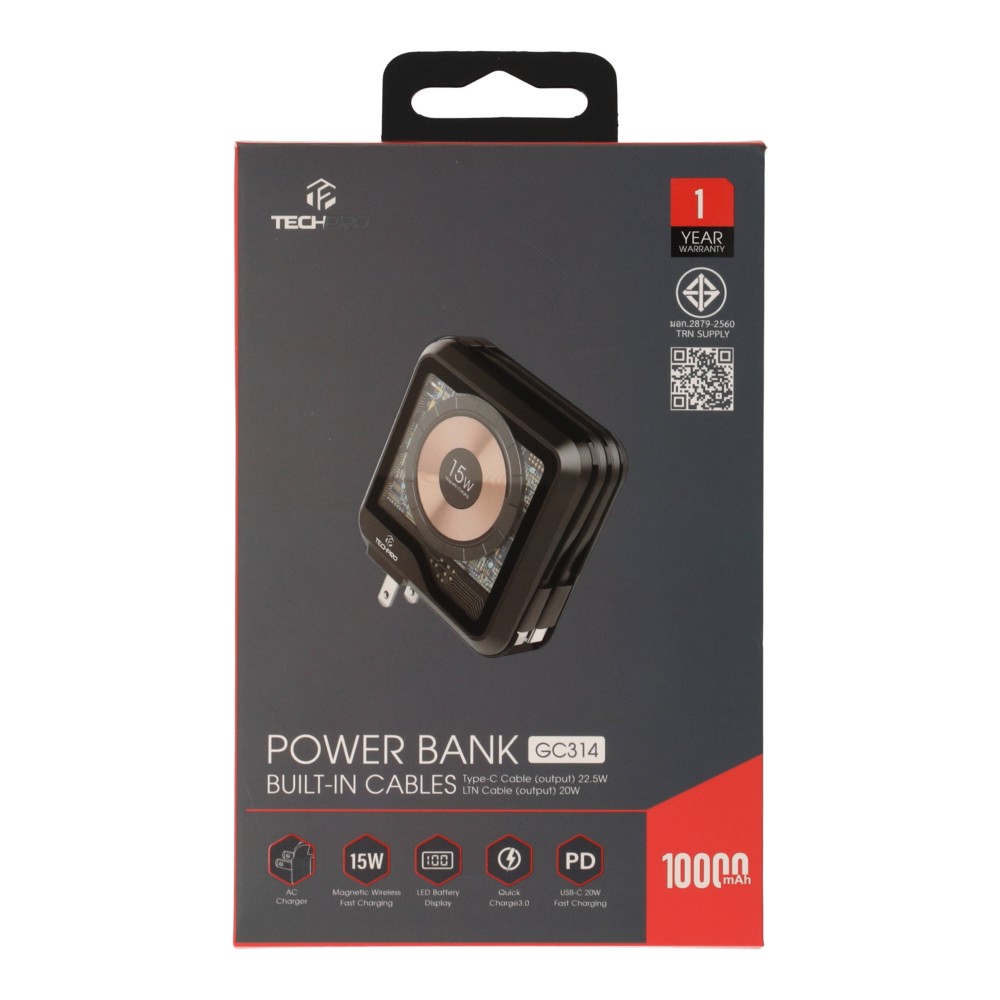 พาวเวอร์แบงค์ TECHPRO 10,000 mAh Magnetic Charging Black
