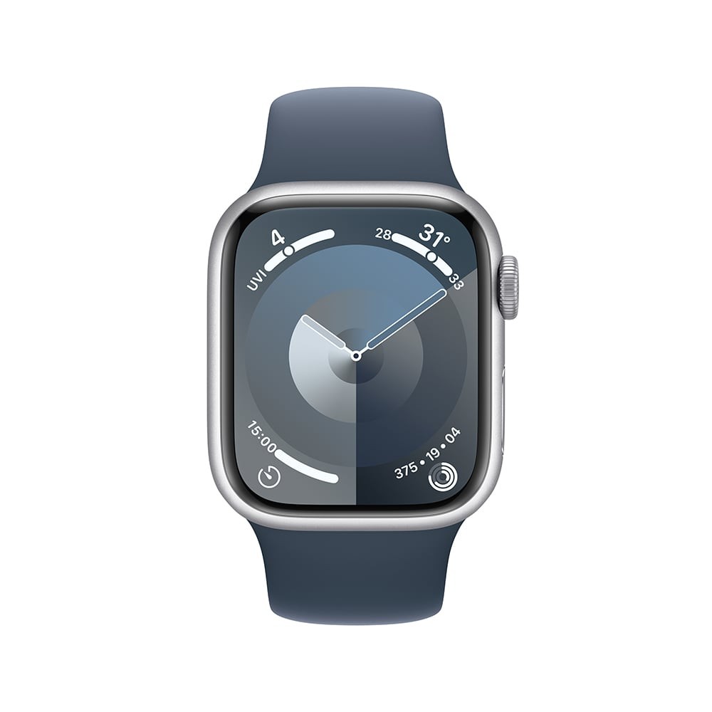 Apple Watch Series 9 GPS 41mm Silver Aluminium Case with Storm Blue Sport Band S M