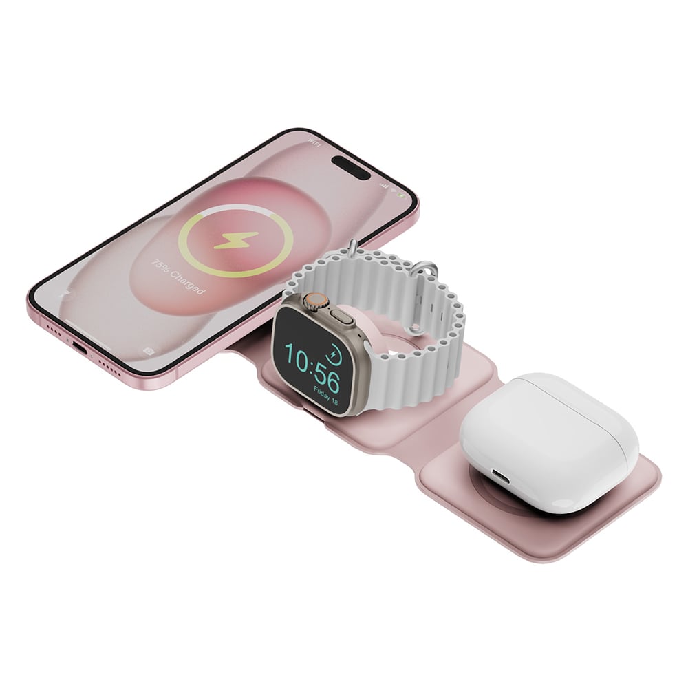 ที่ชาร์จไร้สาย BAZIC 3-in-1 Wireless Charger Foldable Magnetic Pad 15W GOMAG TRIO Pink