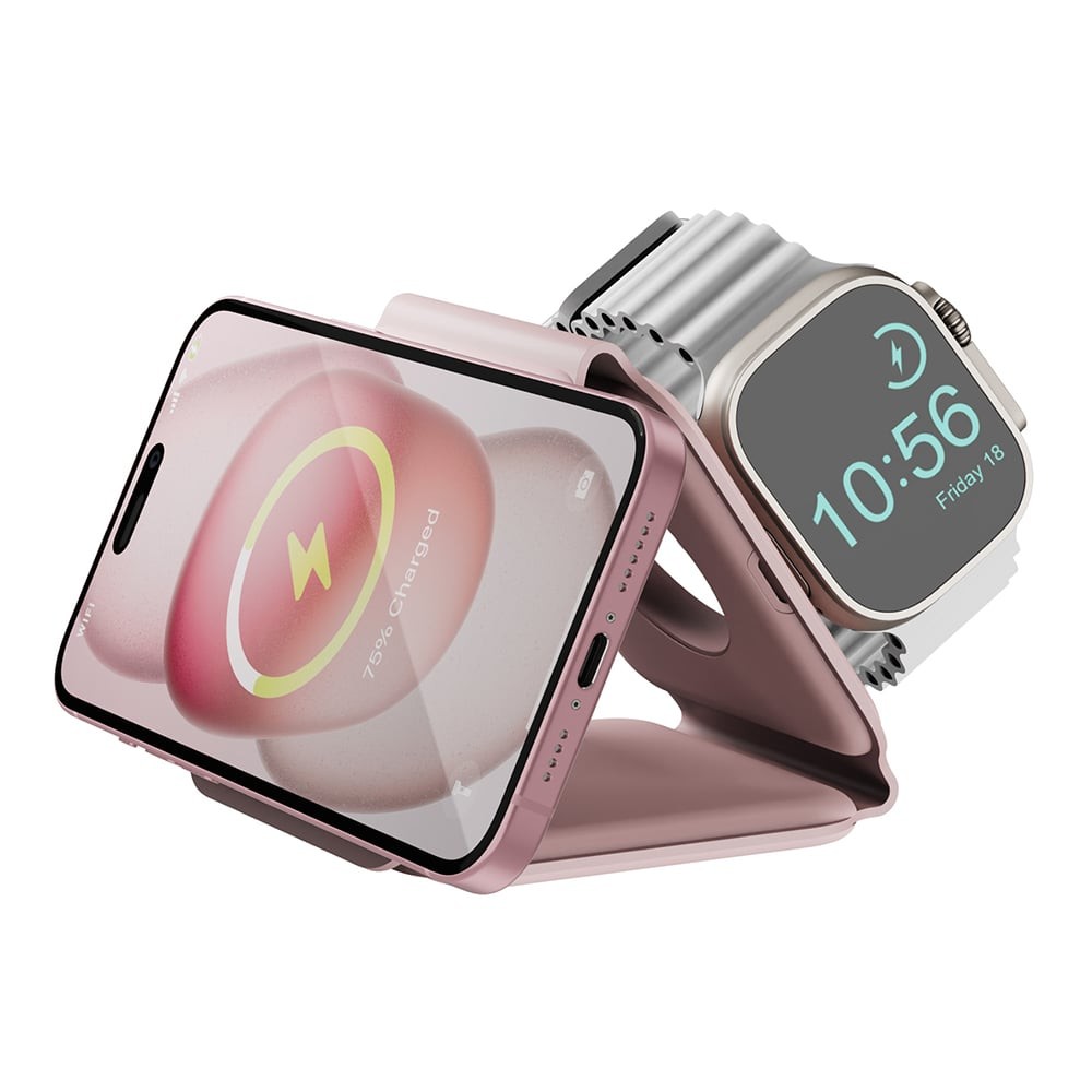 ที่ชาร์จไร้สาย BAZIC 3-in-1 Wireless Charger Foldable Magnetic Pad 15W GOMAG TRIO Pink