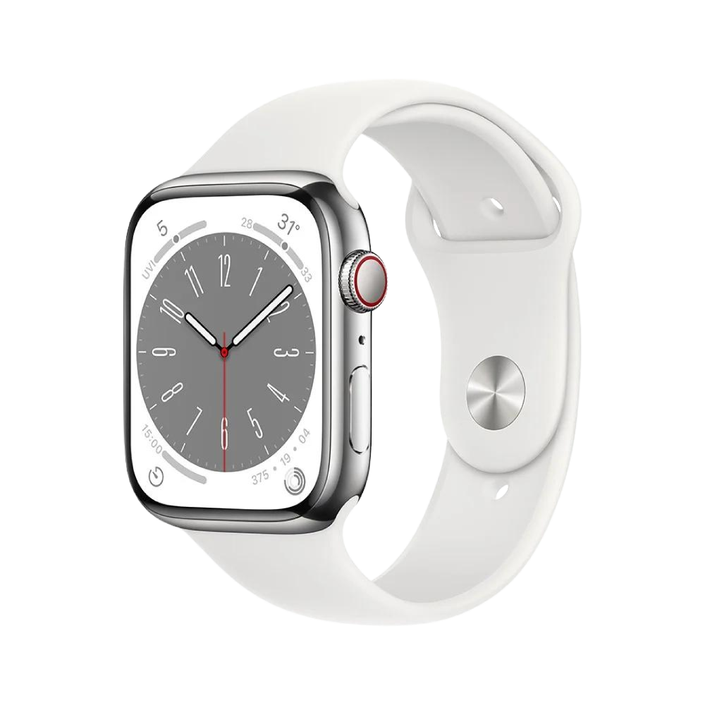 Apple Watch Series 8 GPS + Cellular 45mm Silver Stainless Steel Case with White Sport Band