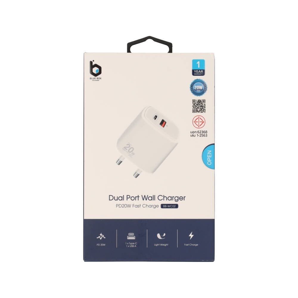 อะแดปเตอร์ Blue Box Wall USB Charger 1 USB-A / 1 USB-C (PD20W) White (BB-WC02) (TISI)