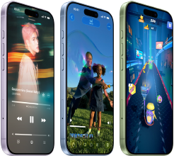 iPhone 17 devices, exterior front, exterior side, demonstrating Apple Music, Visual intelligence, gaming, buttons: Action button, volume