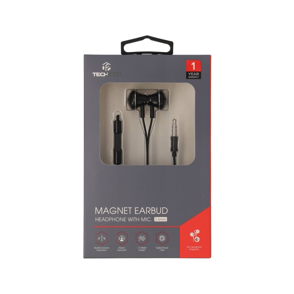หูฟัง TECHPRO Magnet Earbud with Mic. 3.5mm Black