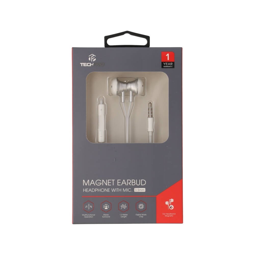 หูฟัง TECHPRO Magnet Earbud with Mic. 3.5mm White