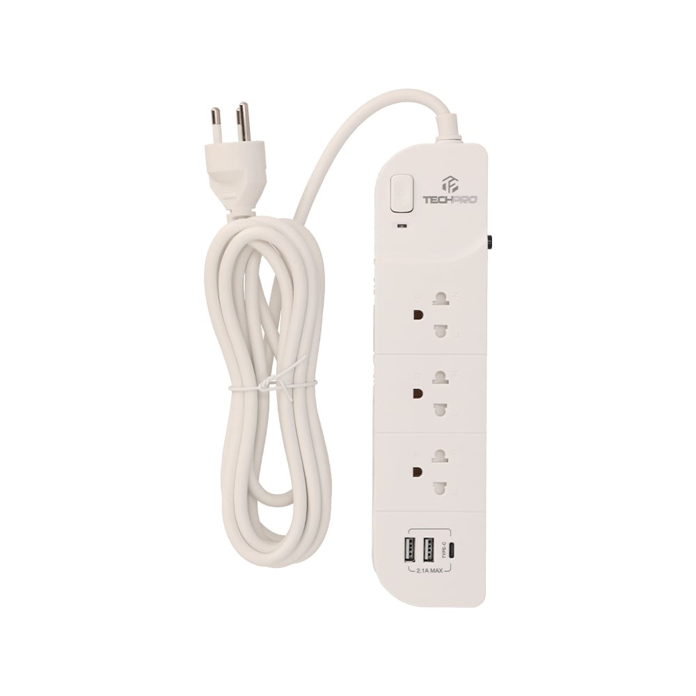 ปลั๊กไฟ ปลั๊กไฟ TECHPRO Plug 3 Way 1 Switch 2xUSB 1xType-C 3M. PLG04 White