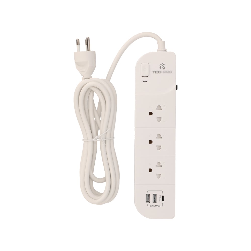 ปลั๊กไฟ ปลั๊กไฟ TECHPRO Plug 3 Way 1 Switch 2xUSB 1xType-C 3M. PLG04 White