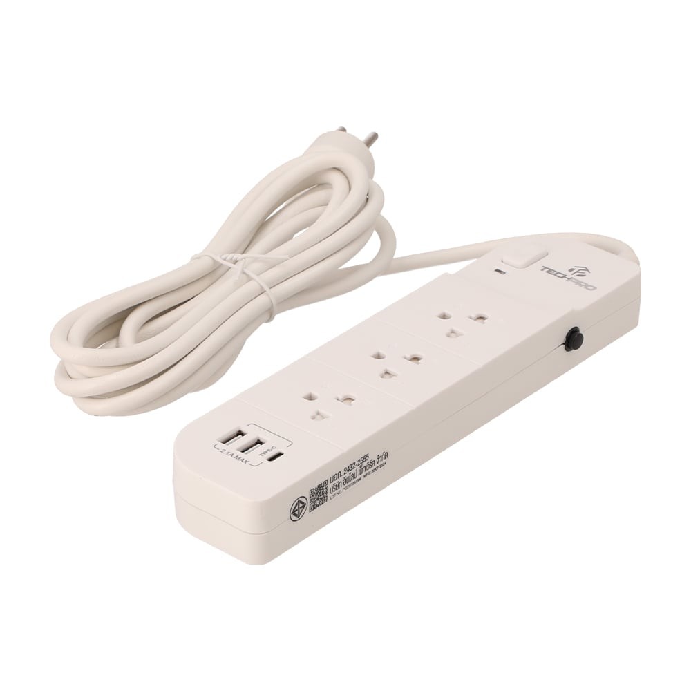 ปลั๊กไฟ ปลั๊กไฟ TECHPRO Plug 3 Way 1 Switch 2xUSB 1xType-C 3M. PLG04 White