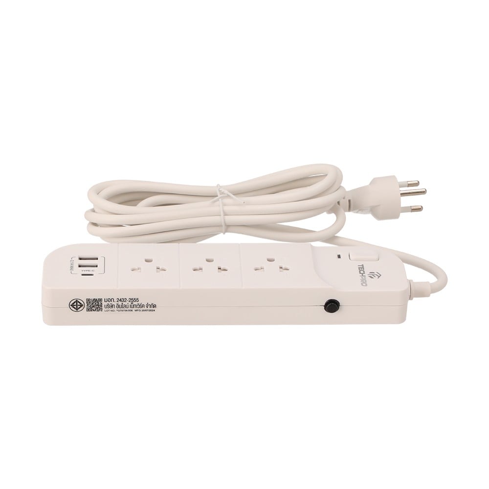 ปลั๊กไฟ ปลั๊กไฟ TECHPRO Plug 3 Way 1 Switch 2xUSB 1xType-C 3M. PLG04 White