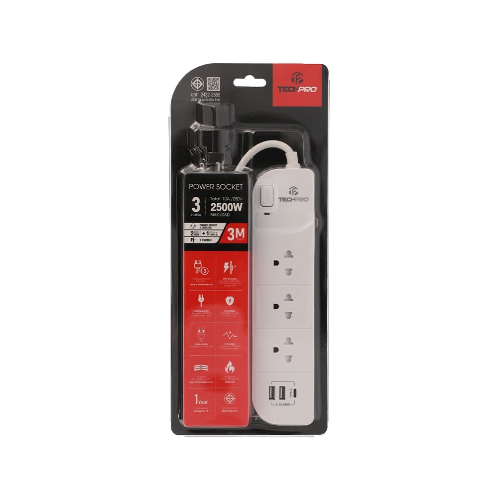 ปลั๊กไฟ ปลั๊กไฟ TECHPRO Plug 3 Way 1 Switch 2xUSB 1xType-C 3M. PLG04 White