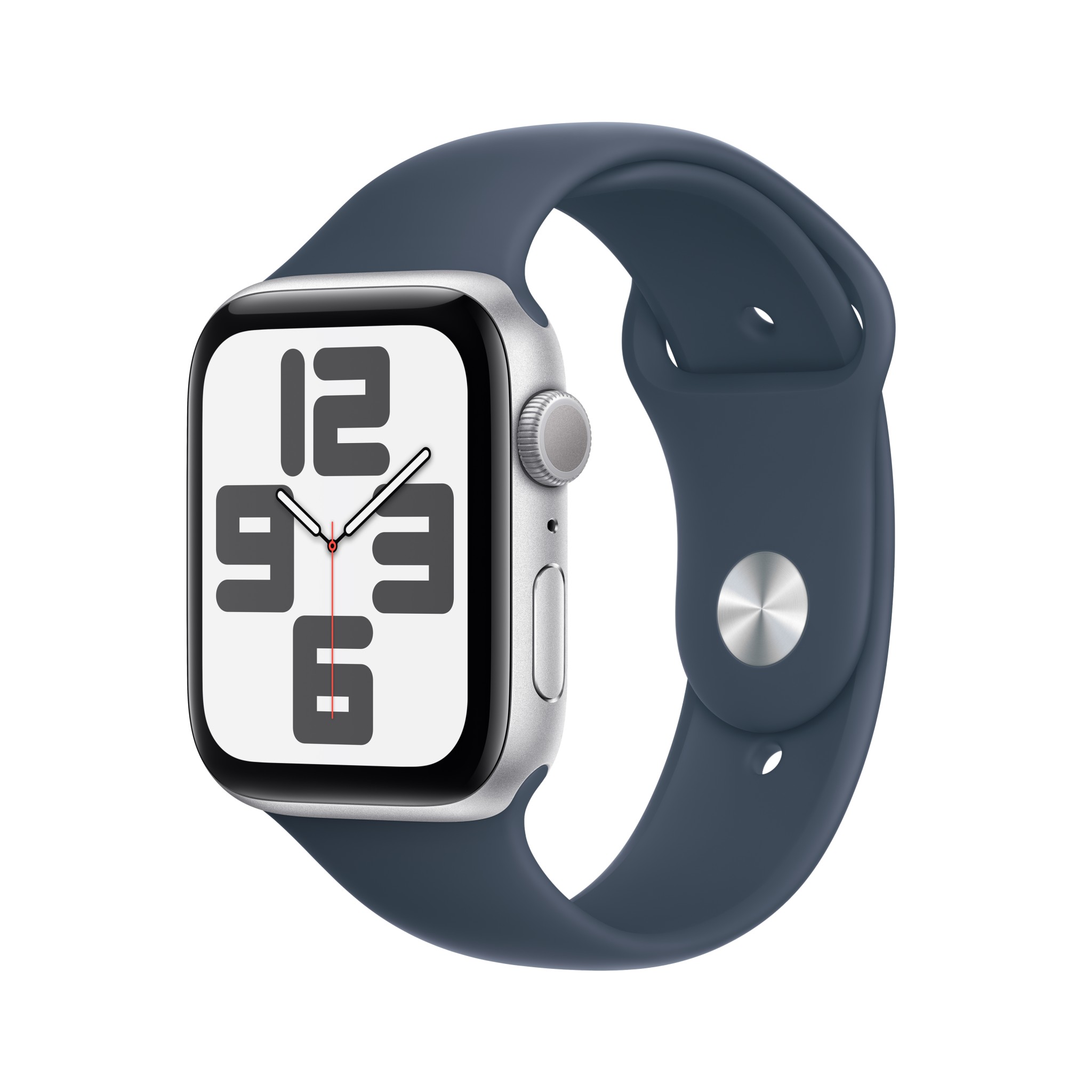 Apple Watch SE GPS 44mm Silver Aluminium Case with Storm Blue Sport Band - M/L - 2nd Gen (New)