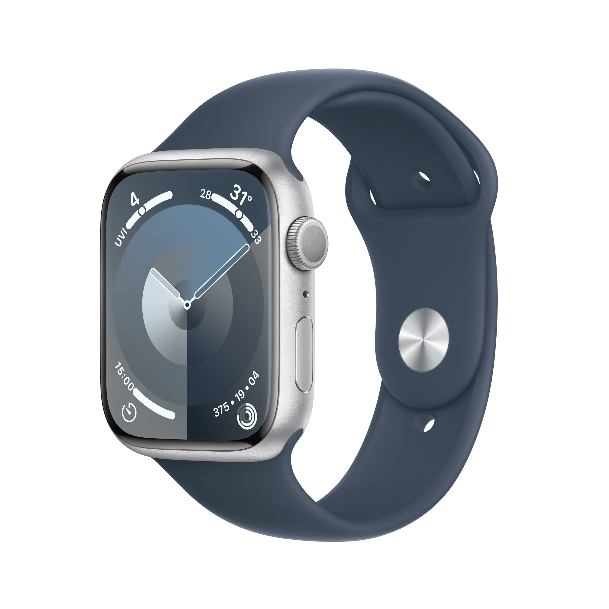 Apple Watch Series 9 GPS 45mm Silver Aluminium Case with Storm Blue Sport Band - S/M