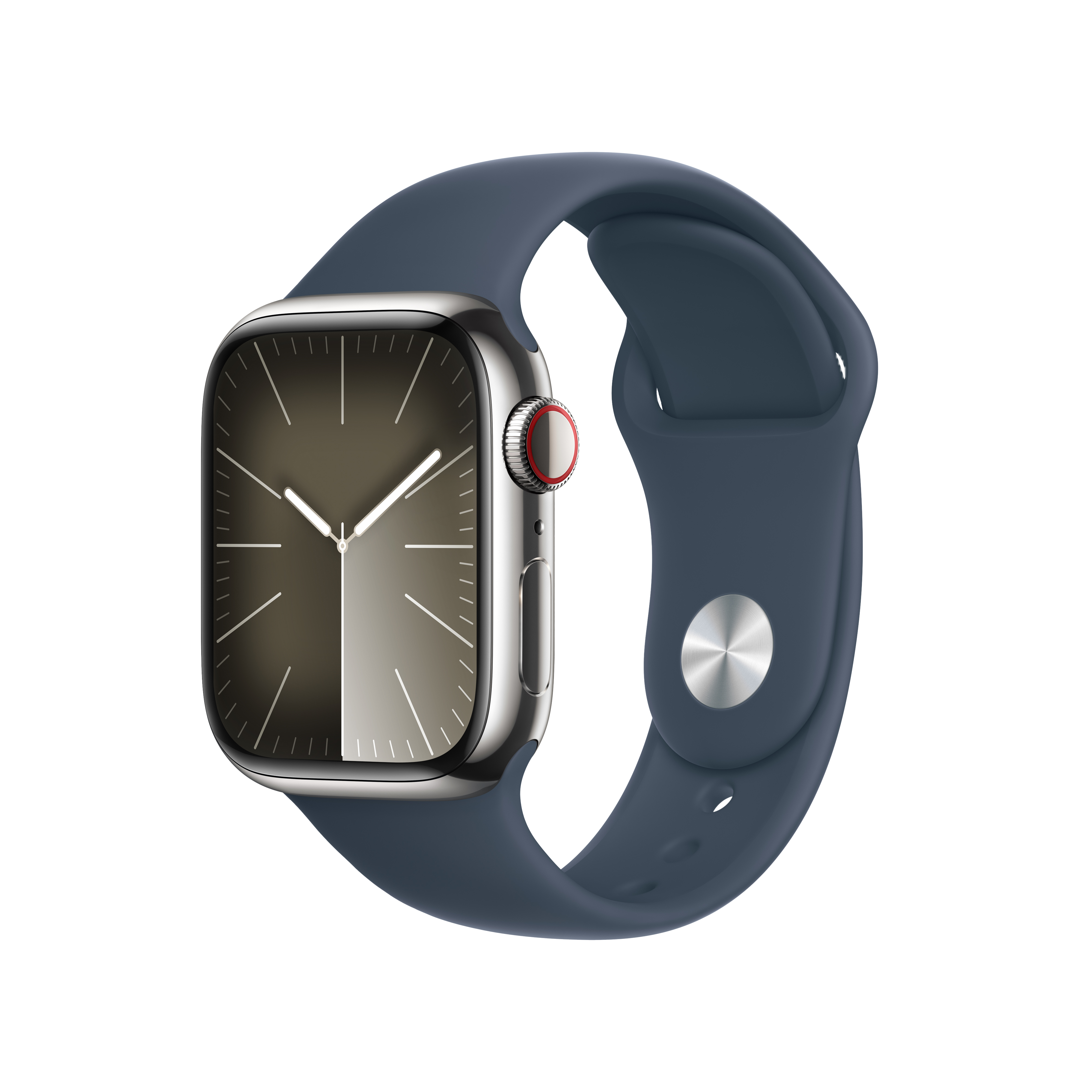 Apple Watch Series  9 GPS + Cellular 41mm Silver Stainless Steel Case with Storm Blue Sport Band - S/M