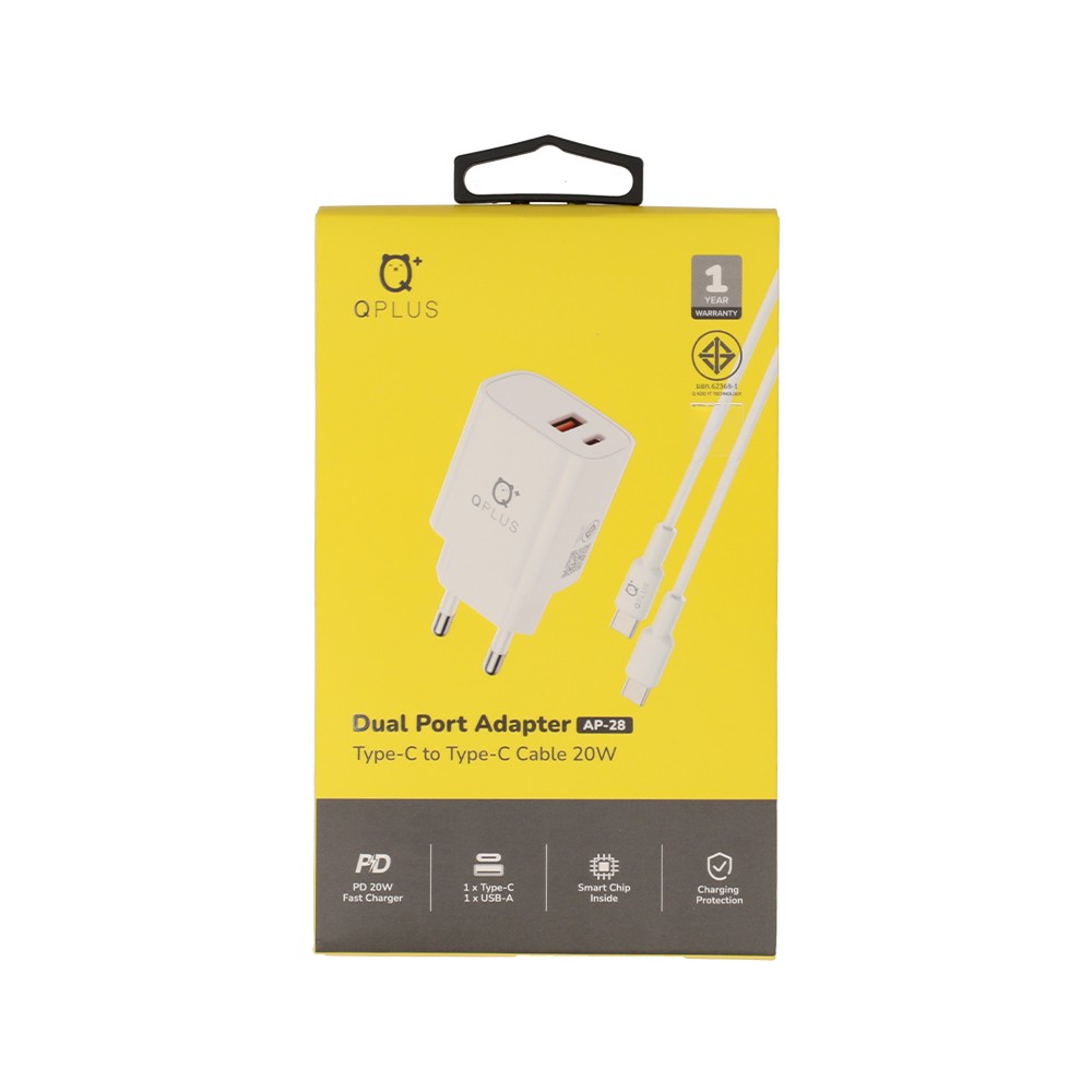 อะแดปเตอร์ QPLUS Wall Charger 1 USB-A / 1 USB-C 20W พร้อมสายชาร์จ USB-C to USB-C 1 เมตร