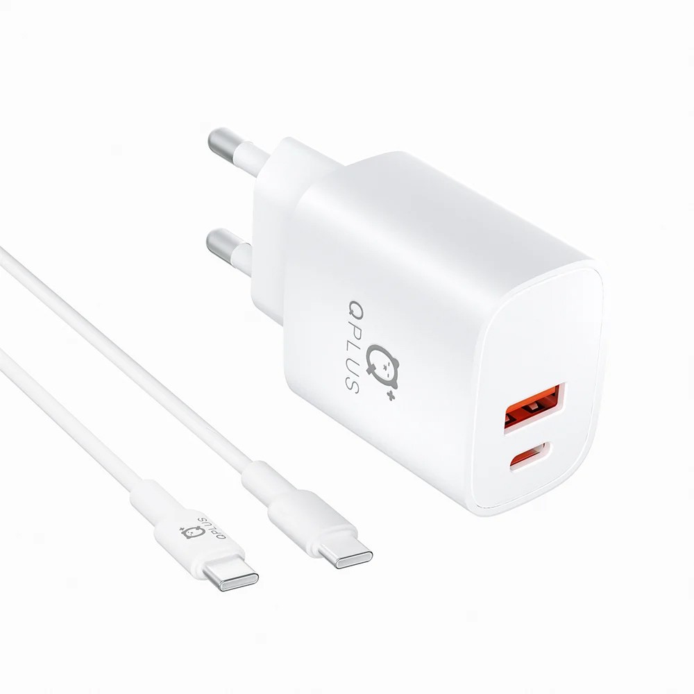 อะแดปเตอร์ QPLUS Wall Charger 1 USB-A / 1 USB-C 20W พร้อมสายชาร์จ USB-C to USB-C 1 เมตร