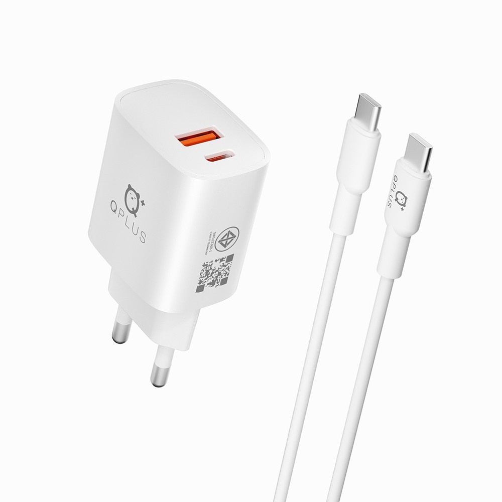อะแดปเตอร์ QPLUS Wall Charger 1 USB-A / 1 USB-C 20W พร้อมสายชาร์จ USB-C to USB-C 1 เมตร