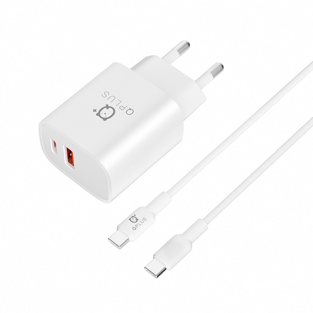 อะแดปเตอร์ QPLUS Wall Charger 1 USB-A / 1 USB-C 20W พร้อมสายชาร์จ USB-C to USB-C 1 เมตร
