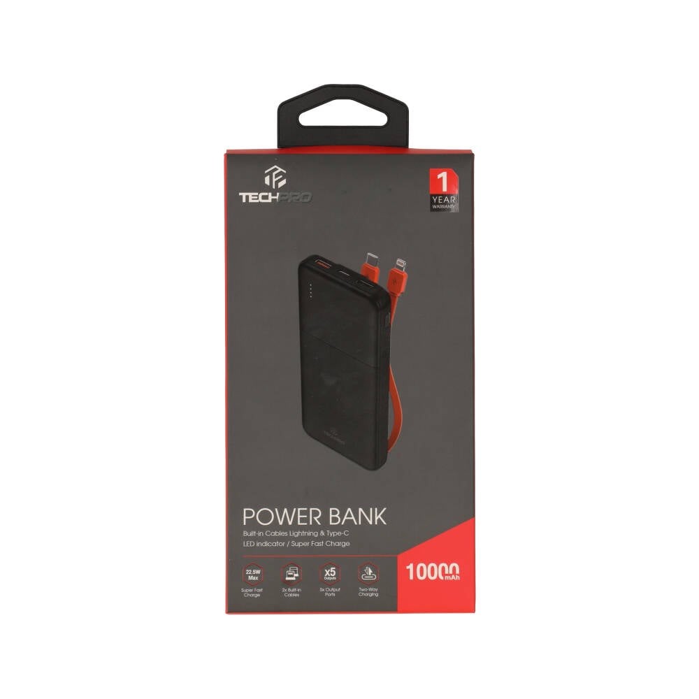 พาวเวอร์แบงค์ TECHPRO 10,000 mAh Built-in Cable TP-PB10PD Black