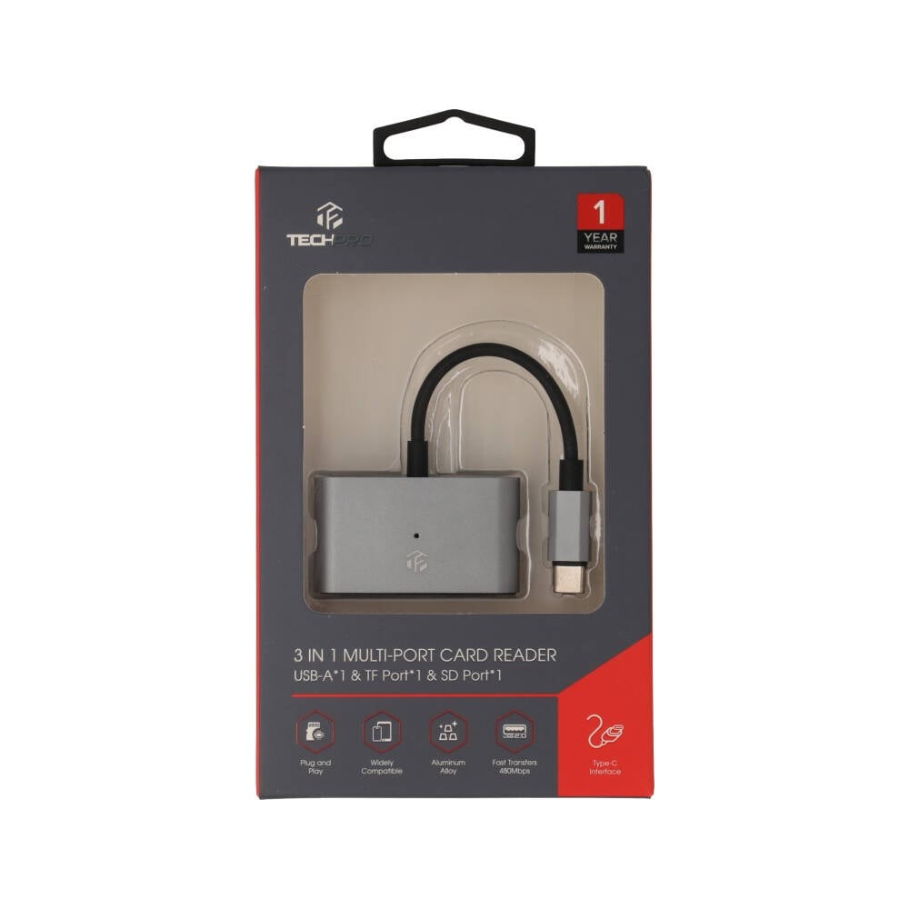 TECHPRO Mul-Function 3 in 1 Type-C Card Reader/USB-Ax1 Grey
