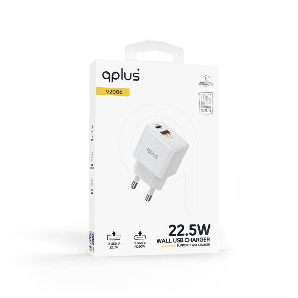 อะแดปเตอร์ QPLUS Wall USB Charger 1 USB-A (22.5W) / 1 USB-C (PD20W) White (V2006) (TISI)