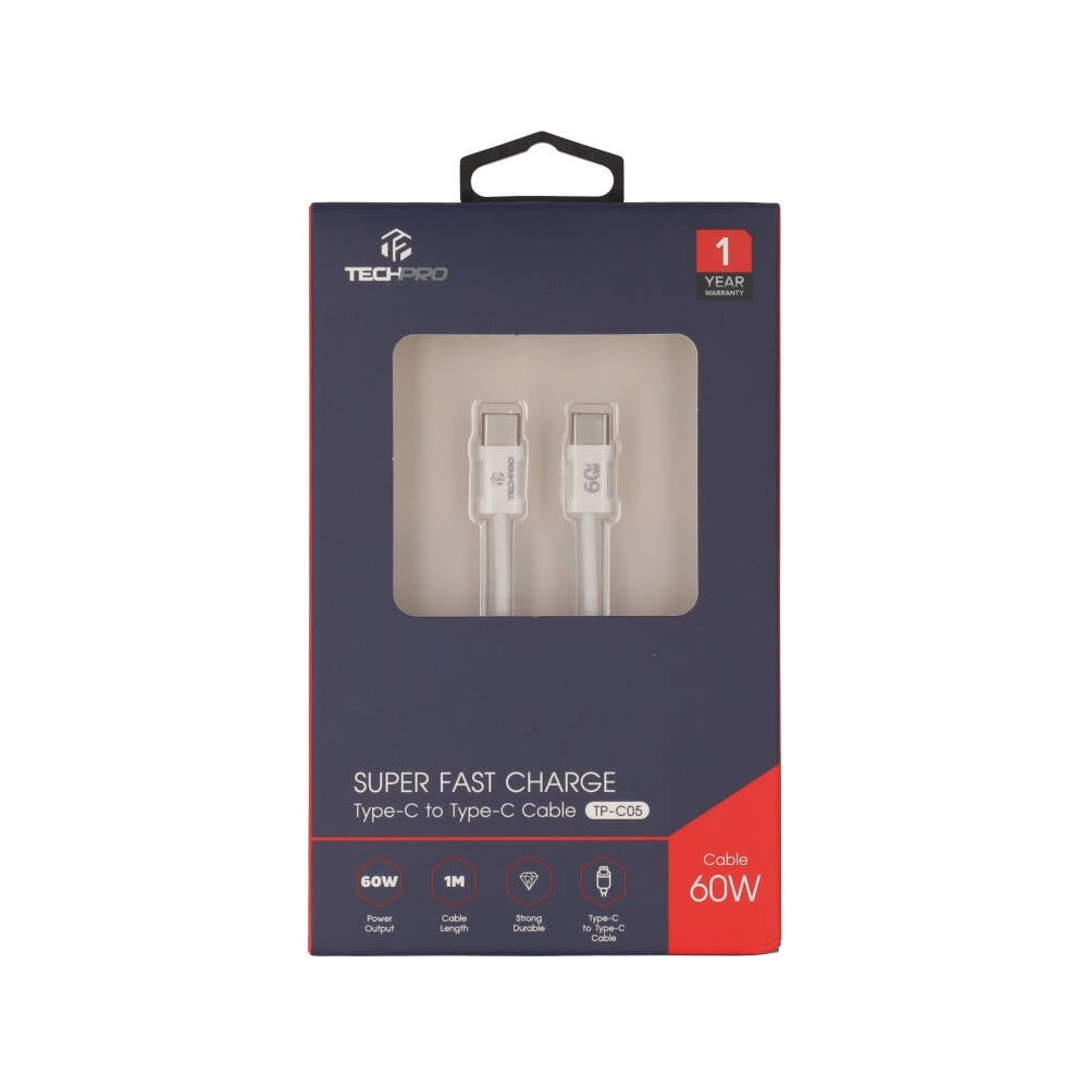 สายชาร์จ TECHPRO USB-C to USB-C Cable 60W 1M. Knitting White (TP-C05)