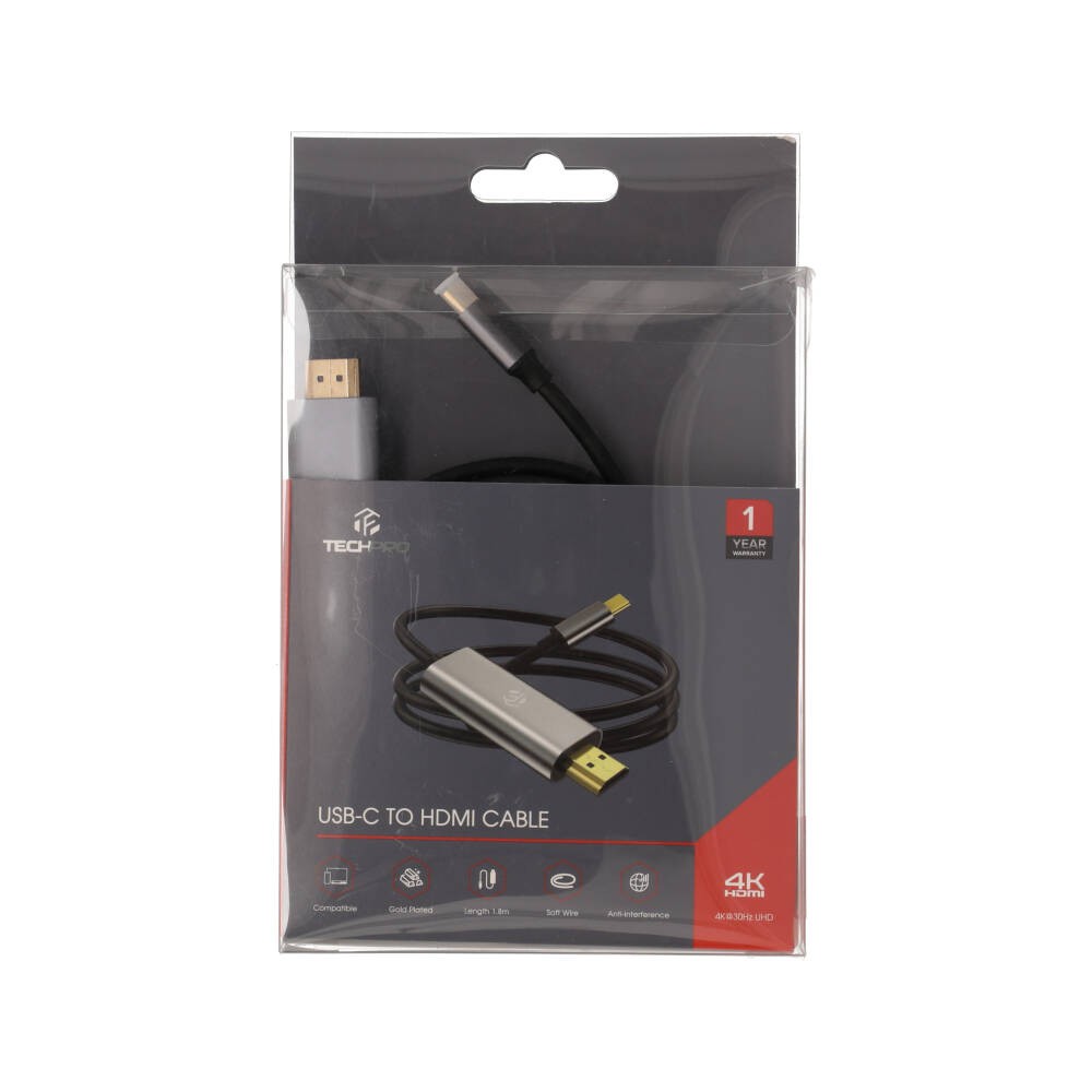 สายชาร์จ TECHPRO USB-C to HDMI Cable Converter 4K 1.8M Silver Grey