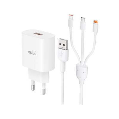 อะแดปเตอร์ QPLUS Wall Charger 1 USB-A 18W พร้อมสายชาร์จ 3-in-1 White 1 เมตร