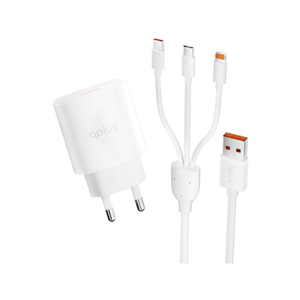 อะแดปเตอร์พร้อมสายชาร์จ QPLUS Wall USB Charger 1 USB-A (QC3.0A/18W) + 3-in-1 Cable 1M. White (QA18) (TISI)