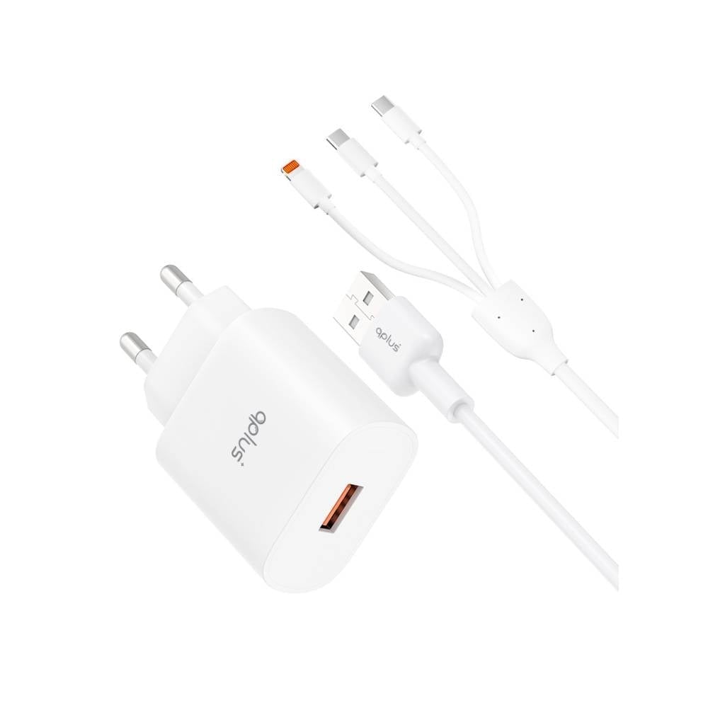 อะแดปเตอร์พร้อมสายชาร์จ QPLUS Wall USB Charger 1 USB-A (QC3.0A/18W) + 3-in-1 Cable 1M. White (QA18) (TISI)