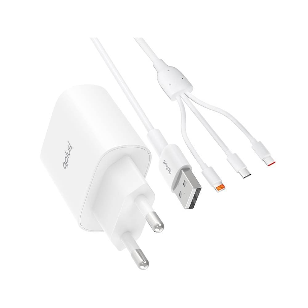 อะแดปเตอร์พร้อมสายชาร์จ QPLUS Wall USB Charger 1 USB-A (QC3.0A/18W) + 3-in-1 Cable 1M. White (QA18) (TISI)