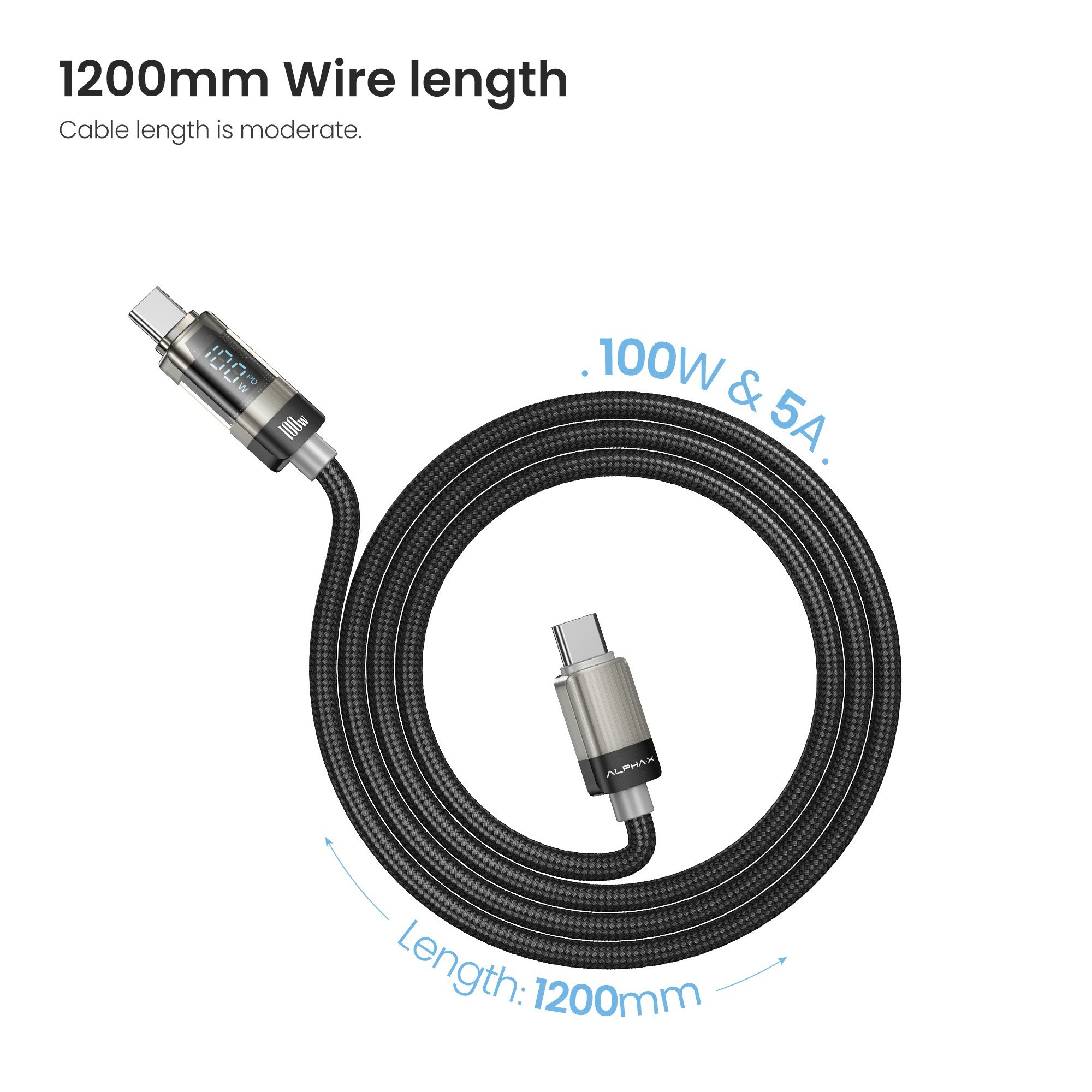 สายชาร์จ ALPHA.X USB-C to USB-C Cable 100W 1.2M ALU-CC10 Black