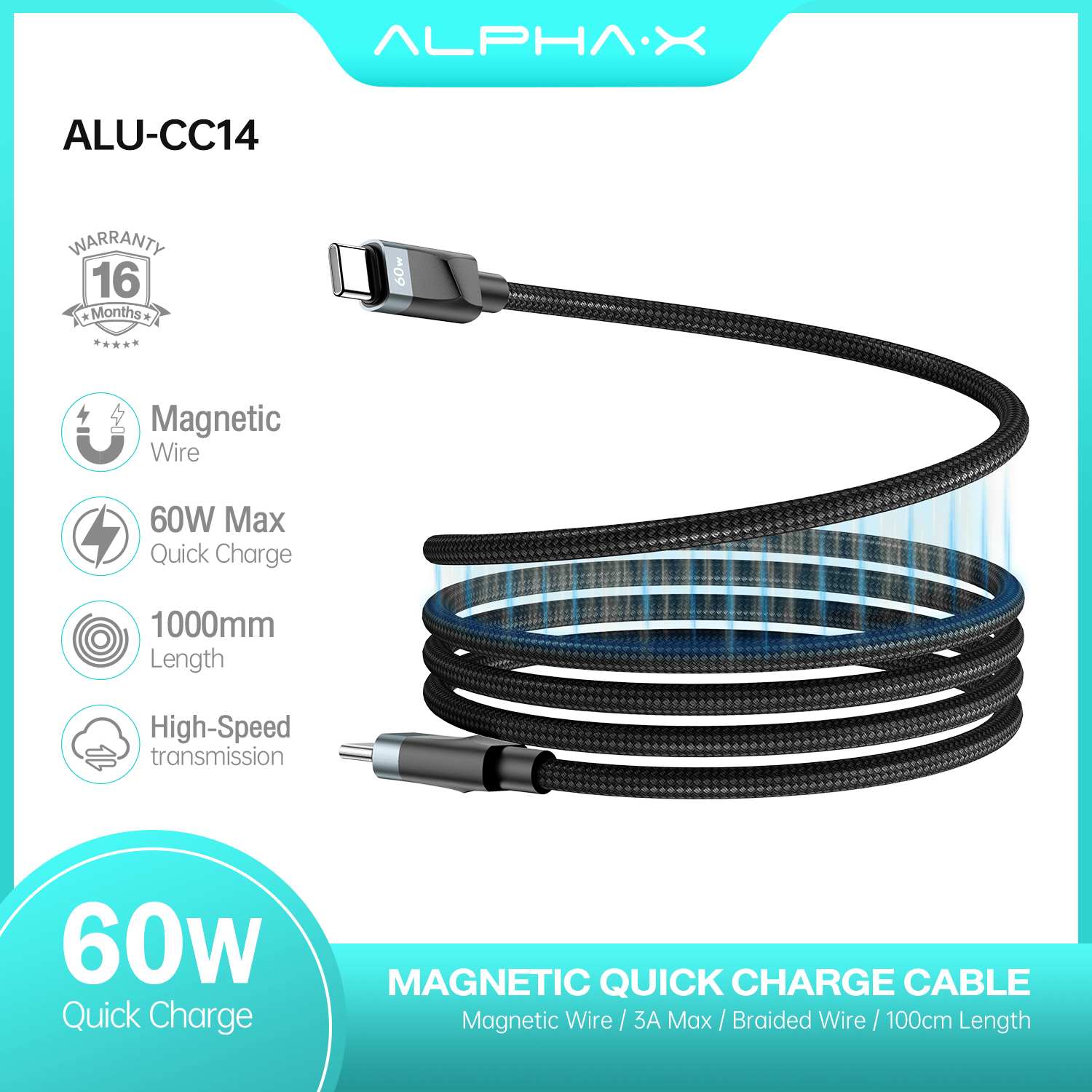 สายชาร์จ ALPHA.X USB-C to USB-C Cable Magnetic 60W 1M. ALU-CC14 Black