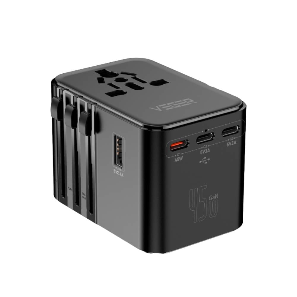 หัวแปลงปลั๊กไฟ Veger Multifunction Universal Travel Adapter 45W VA-INT03 (GaN45W) Black