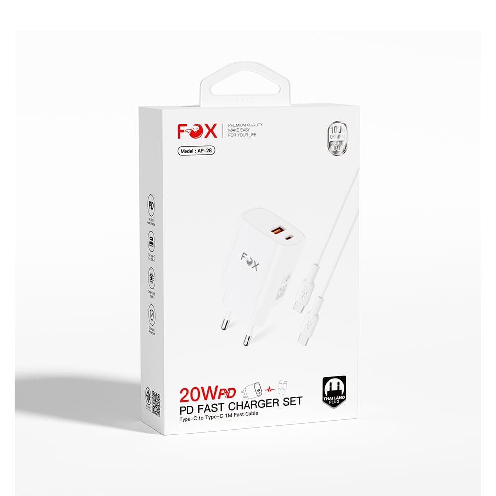 อะแดปเตอร์ FOX Wall USB Charger 1 USB-A (QC3.0A) / 1 USB-C (PD20W) + USB-C to USB-C Cable 1M. White (AP28)