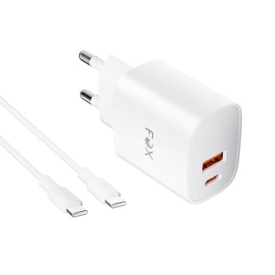 อะแดปเตอร์ FOX Wall USB Charger 1xUSB-A (QC3.0A)/1xUSB-C (PD20W) + USB-C to USB-C 1 เมตร AP28 White