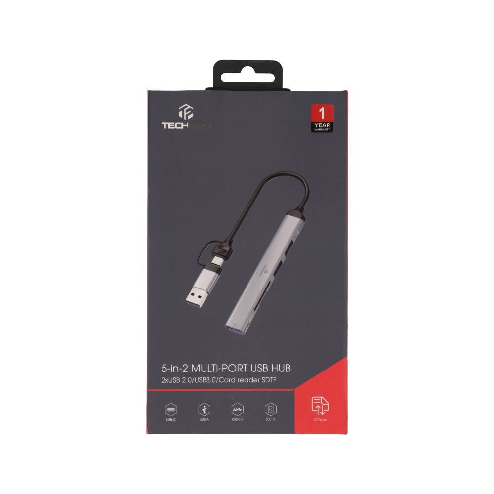 TECHPRO Port Hub 5-in-2 2xUSB 2.0/USB 3.0/Card reader SDTF Gray