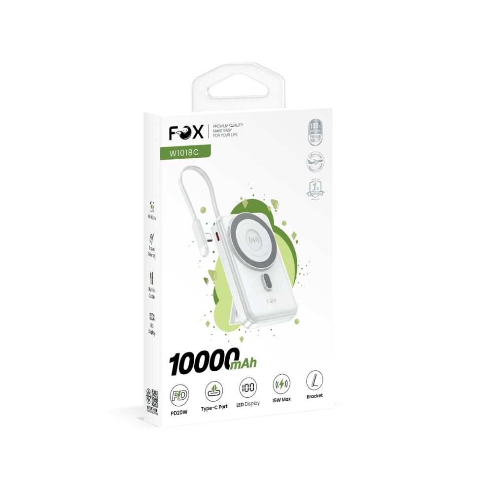 พาวเวอร์แบงค์ FOX 10000 mAh Mini Magnetic Wireless W1081C White