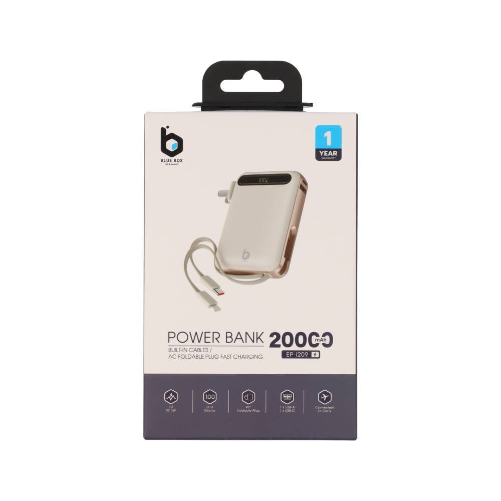 พาวเวอร์แบงค์ Blue Box 20000 mAh built-in Lightning/Type-C cable PD22.5W Cream (EPI209)(CCC)