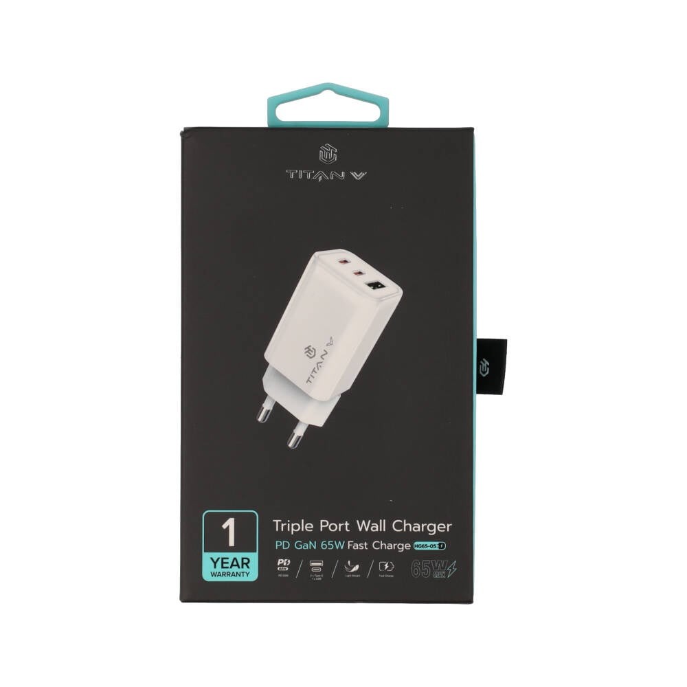 อะแดปเตอร์ TITANV Wall USB Charger 1 USB-A/2 USB-C (PD65W) HyperChare GaN White (TI-WC11)