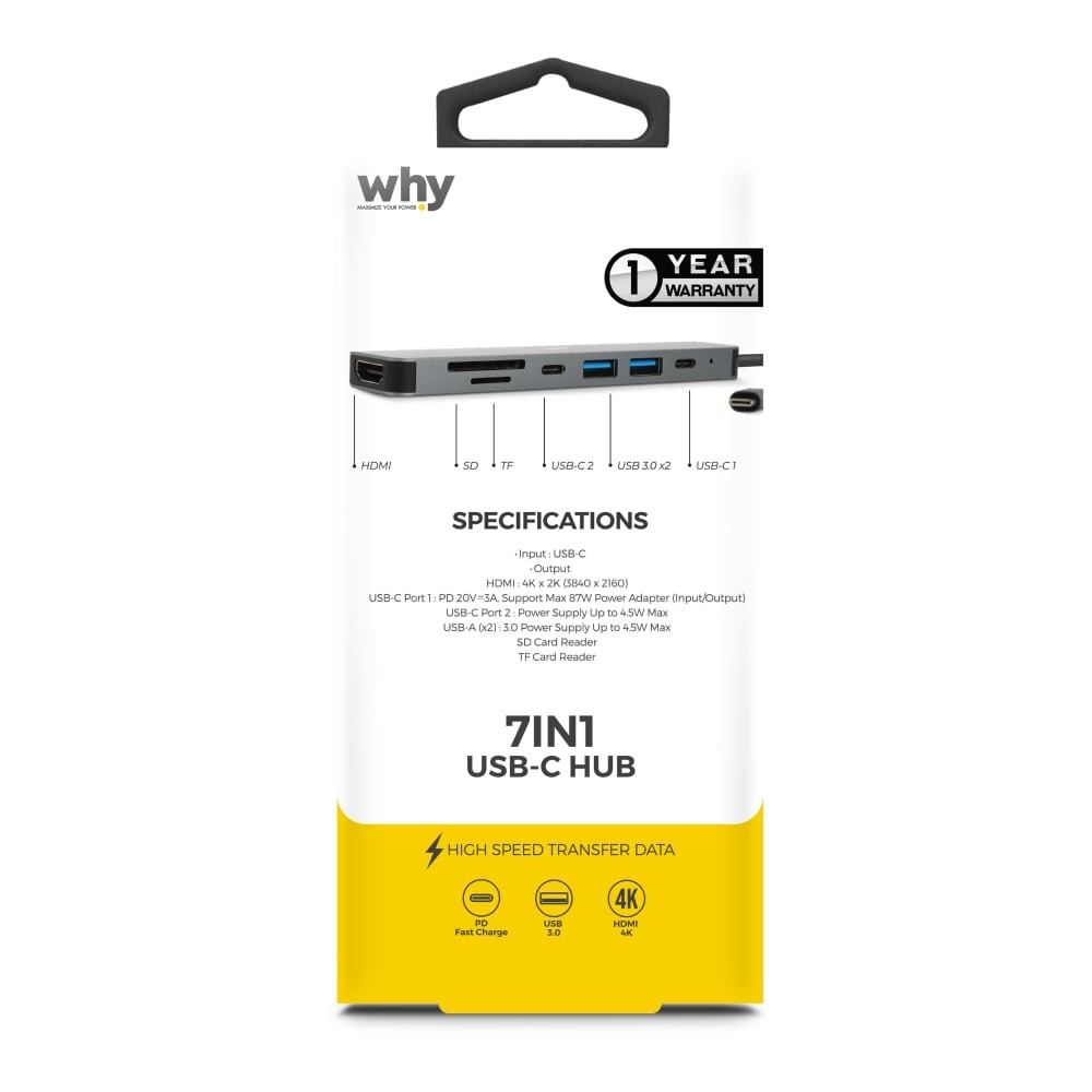 WHY 7-in-1 USB Type-C (HDMI/USB-A/USB-C/SD card/TF card) HB-1024 Grey