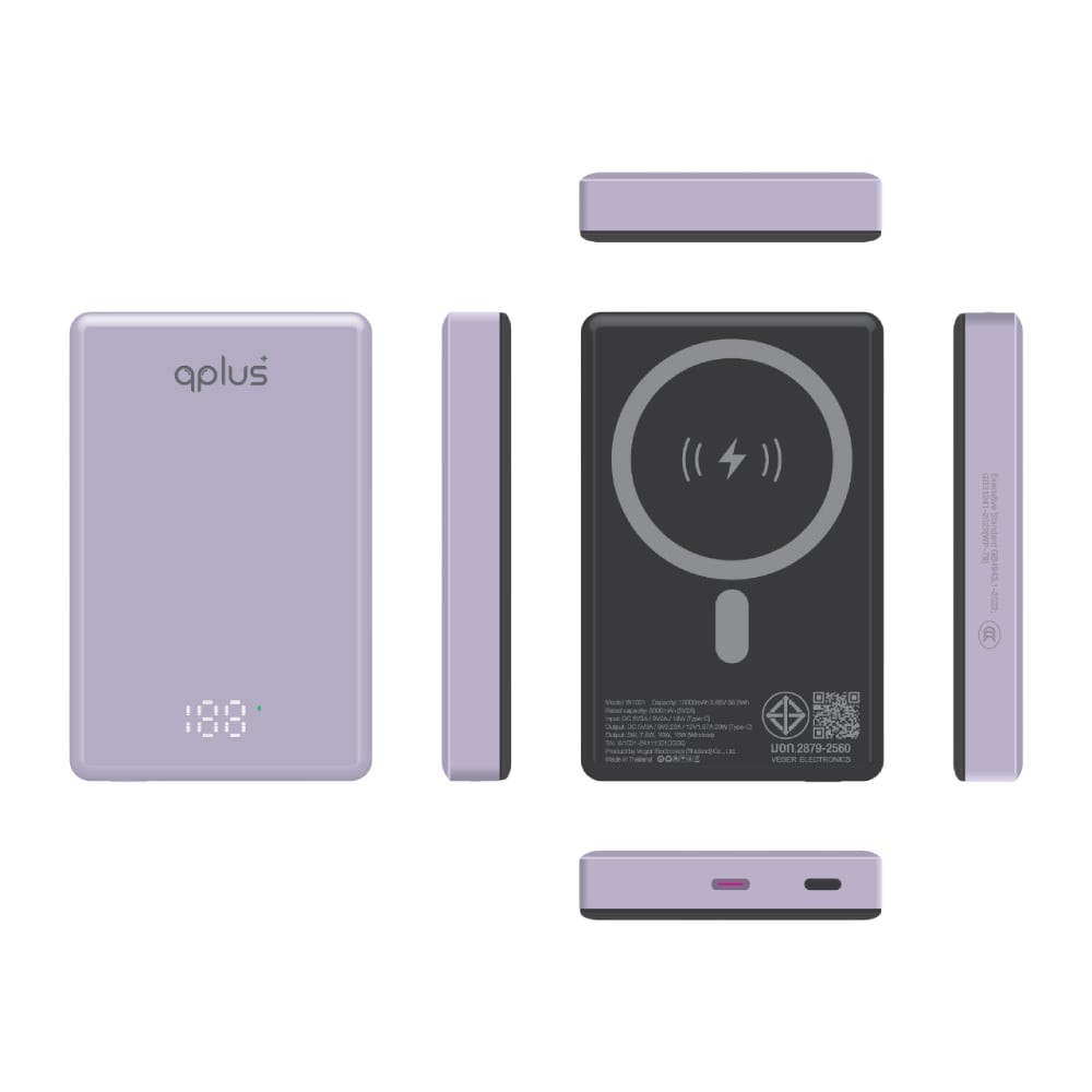 พาวเวอร์แบงค์ QPLUS Mini Magnetic Wireless 10000 mAh 15W PD20W W1031 (CCC) Purple