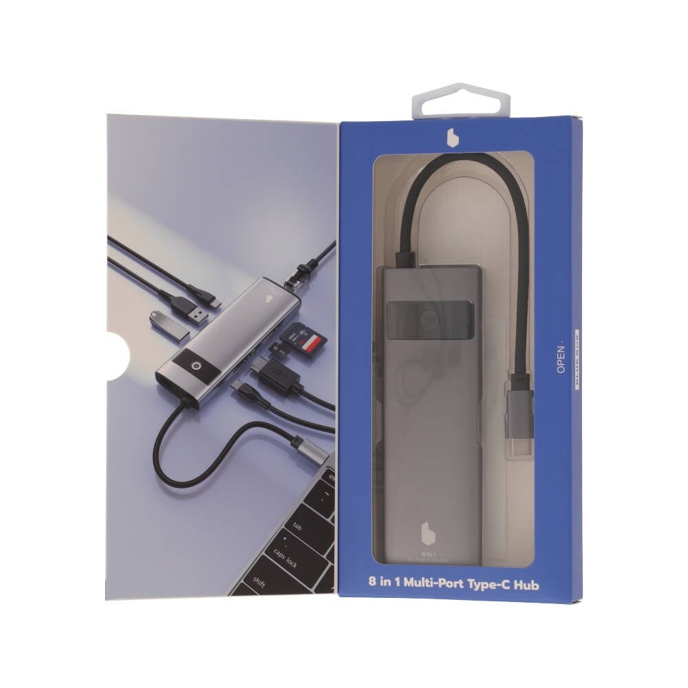 Blue Box Port Hub USB Type-C 8-in-1 Multifunction Converter with Screen On/Off button Grey