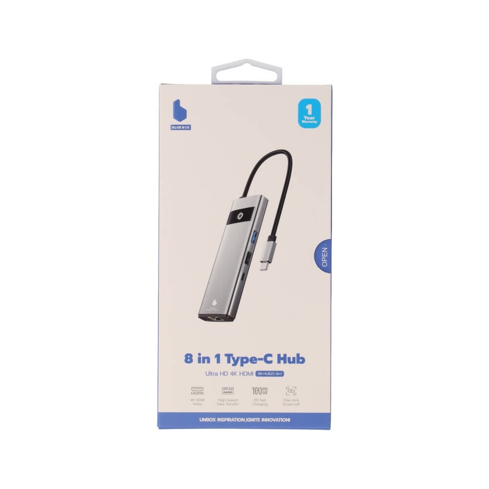Blue Box Port Hub USB Type-C 8-in-1 Multifunction Converter with Screen On/Off button Grey