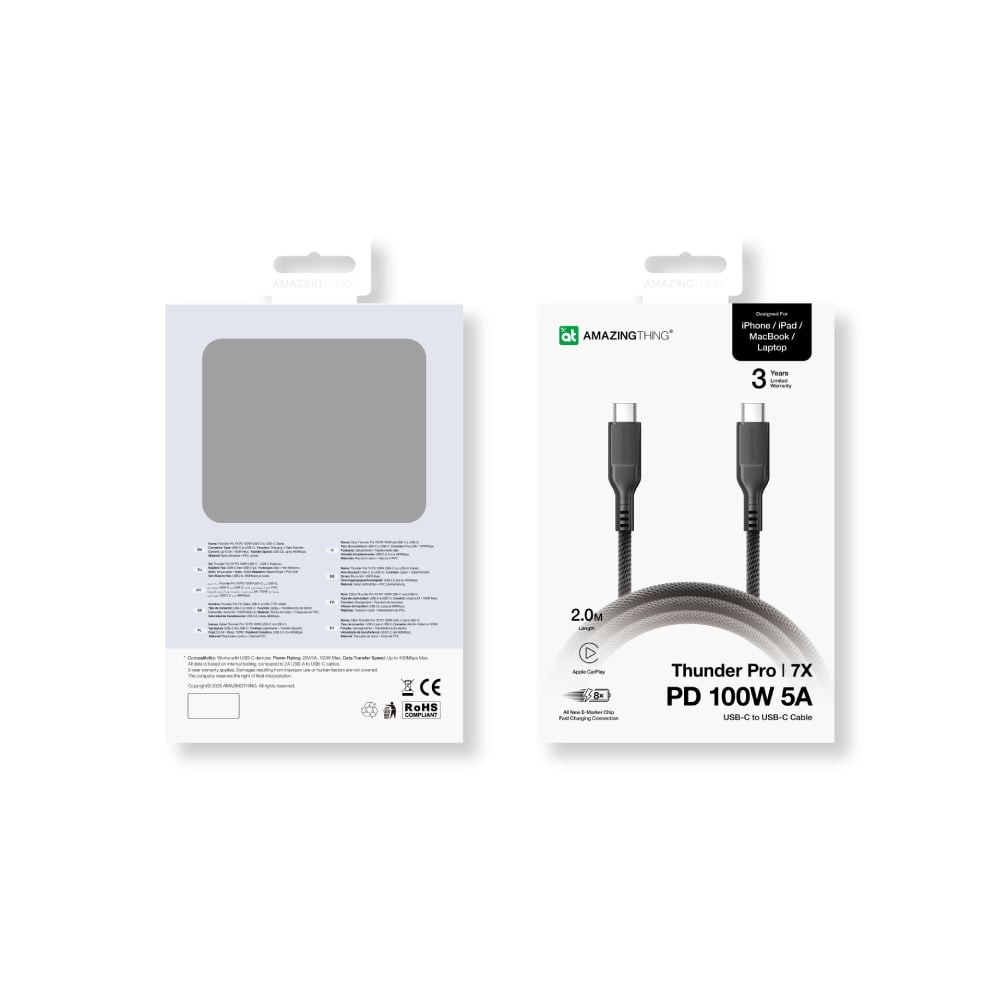 สายชาร์จ AMAZINGthing USB-C to USB-C Cable 100W Thunder Pro I 7X 2M Black