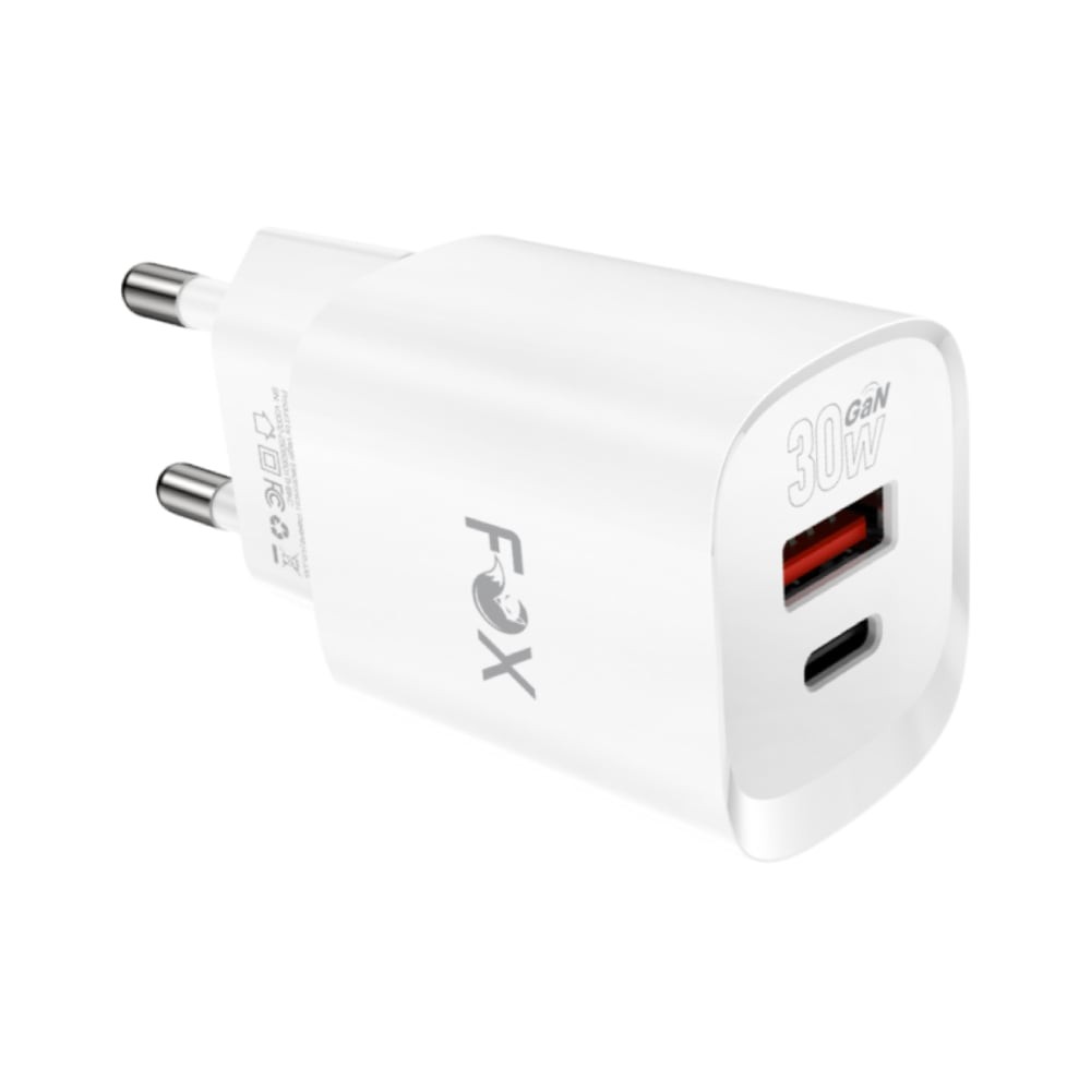อะแดปเตอร์ FOX Wall USB Charger 1 USB-A (QC3.0A)/1 USB-C (PD30W) FOX-V3002 White