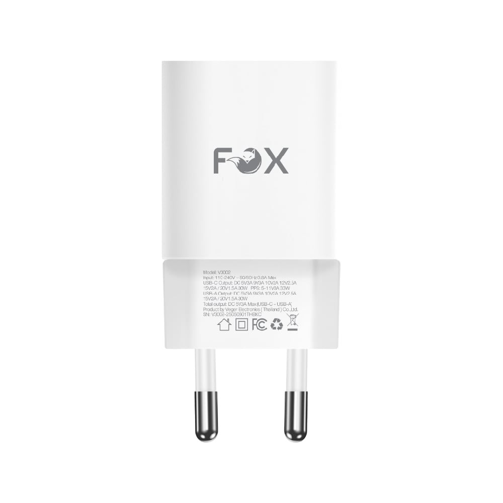 อะแดปเตอร์ FOX Wall USB Charger 1 USB-A (QC3.0A)/1 USB-C (PD30W) FOX-V3002 White